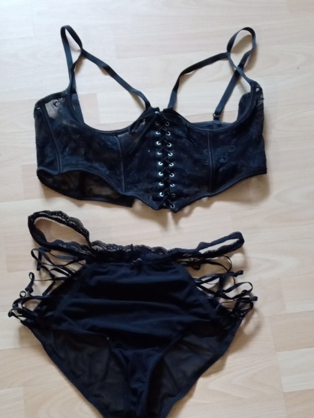 Killstar Black Lace Corset Bra 32 with Strappy High-Waist Briefs 34